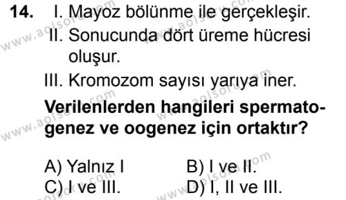 Biyoloji 3 Dersi 2016-2017 Yılı 1. Dönem Sınavı 14. Soru