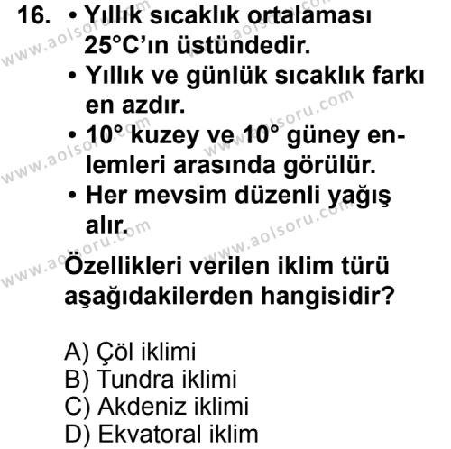 Coğrafya 1 Dersi 2011-2012 Yılı 3. Dönem Sınavı 16. Soru
