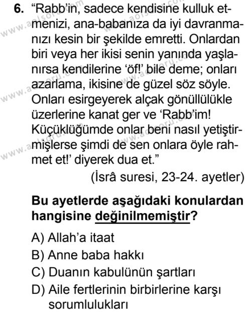 Din Kültürü ve Ahlak Bilgisi 2 Dersi 2019-2020 Yılı 2. Dönem Sınavı 6. Soru