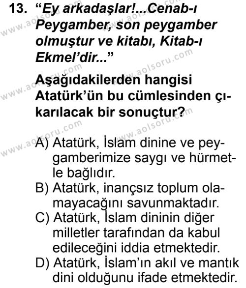 Din Kültürü ve Ahlak Bilgisi 4 Dersi 2012-2013 Yılı 3. Dönem Sınavı 13. Soru