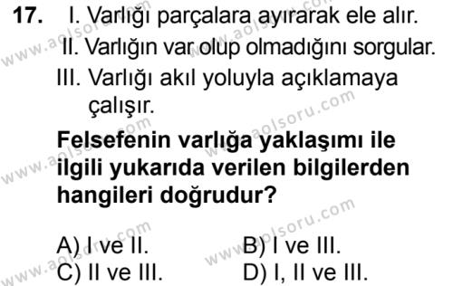 Felsefe 1 Dersi 2016-2017 Yılı 2. Dönem Sınavı 17. Soru