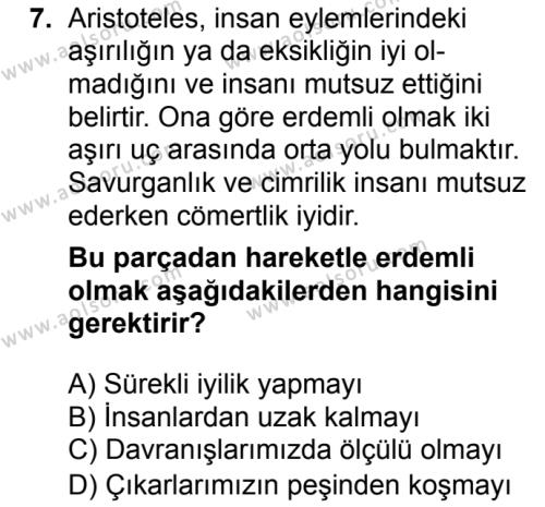 Felsefe 3 Dersi 2018-2019 Yılı 1. Dönem Sınavı 7. Soru