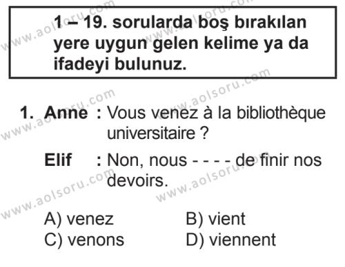 Fransızca 5 Dersi 2017-2018 Yılı 2. Dönem Sınavı 1. Soru