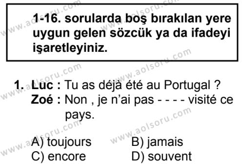 Fransızca 6 Dersi 2017-2018 Yılı 1. Dönem Sınavı 1. Soru