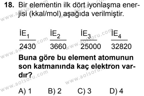 Kimya 1 Dersi 2018-2019 Yılı 3. Dönem Sınavı 18. Soru
