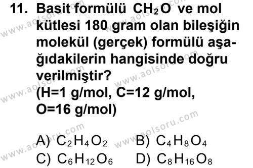 Seçmeli Kimya 1 Dersi 2015-2016 Yılı 3. Dönem Sınavı 11. Soru