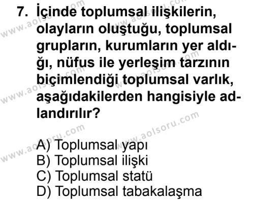 Seçmeli Sosyoloji 1 Dersi 2011-2012 Yılı 1. Dönem Sınavı 7. Soru