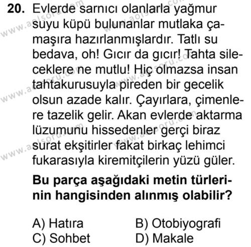 Seçmeli Türk Dili ve Edebiyatı 1 Dersi 2018-2019 Yılı 1. Dönem Sınavı 20. Soru