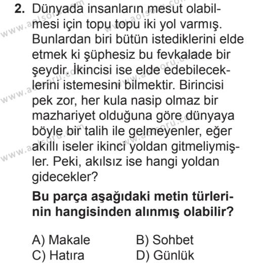 Seçmeli Türk Dili ve Edebiyatı 1 Dersi 2018-2019 Yılı 2. Dönem Sınavı 2. Soru