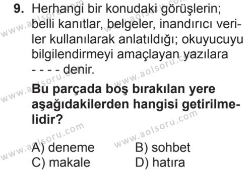 Seçmeli Türk Dili ve Edebiyatı 1 Dersi 2018-2019 Yılı 2. Dönem Sınavı 9. Soru