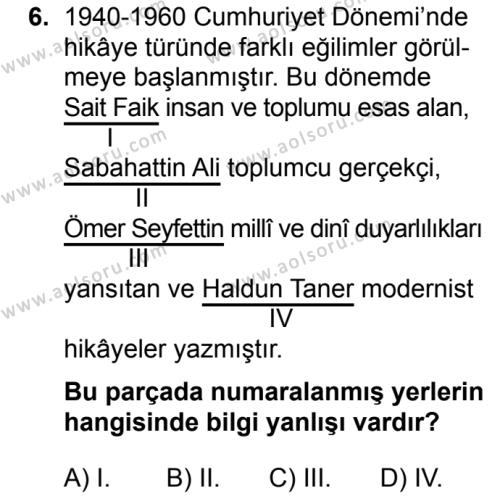 Seçmeli Türk Dili ve Edebiyatı 1 Dersi 2019-2020 Yılı 1. Dönem Sınavı 6. Soru