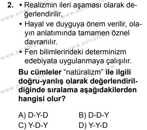 Seçmeli Türk Dili ve Edebiyatı 1 Dersi 2019-2020 Yılı 2. Dönem Sınavı 2. Soru