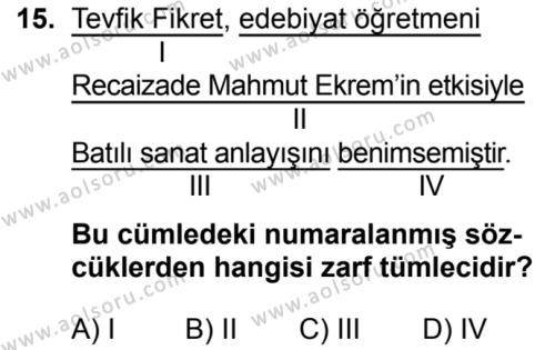 Seçmeli Türk Dili ve Edebiyatı 1 Dersi 2019-2020 Yılı 2. Dönem Sınavı 15. Soru