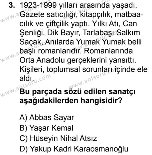 Seçmeli Türk Dili ve Edebiyatı 2 Dersi 2019-2020 Yılı 1. Dönem Sınavı 3. Soru