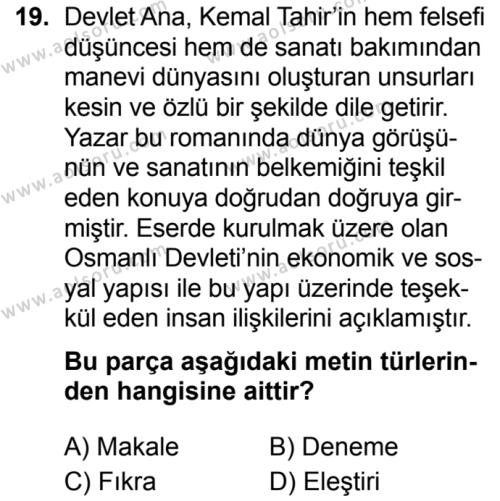 Seçmeli Türk Dili ve Edebiyatı 2 Dersi 2019-2020 Yılı 1. Dönem Sınavı 19. Soru