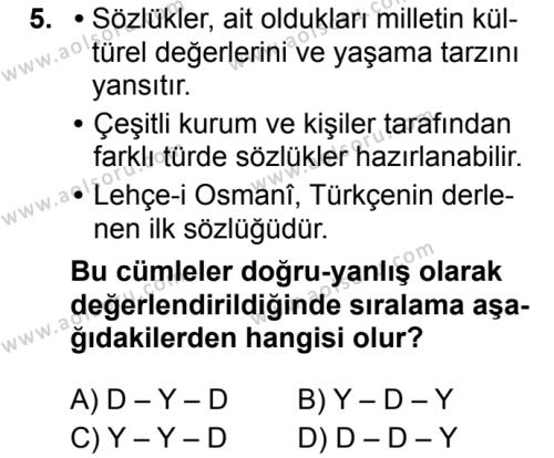 Seçmeli Türk Dili ve Edebiyatı 3 Dersi 2019-2020 Yılı 1. Dönem Sınavı 5. Soru