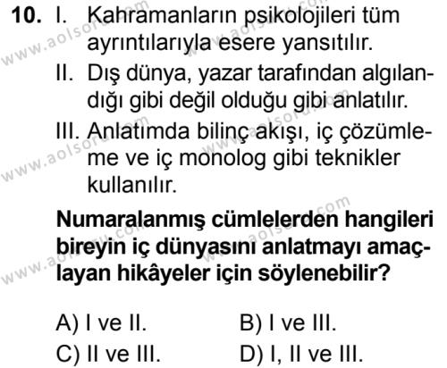 Seçmeli Türk Dili ve Edebiyatı 3 Dersi 2019-2020 Yılı 1. Dönem Sınavı 10. Soru