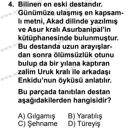 Seçmeli Türk Edebiyatı 3 Dersi 2012 - 2013 Yılı 2. Dönem Sınav Soruları 4. Soru