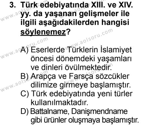 Seçmeli Türk Edebiyatı 4 Dersi 2014 - 2015 Yılı 1. Dönem Sınav Soruları 3. Soru
