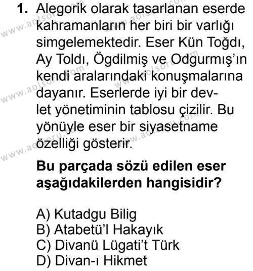 Seçmeli Türk Edebiyatı 4 Dersi 2014 - 2015 Yılı 2. Dönem Sınav Soruları 1. Soru