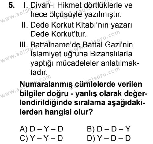 Seçmeli Türk Edebiyatı 4 Dersi 2016-2017 Yılı 1. Dönem Sınavı 5. Soru