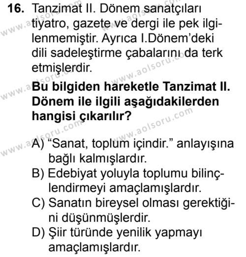 Seçmeli Türk Edebiyatı 5 Dersi 2016-2017 Yılı 2. Dönem Sınavı 16. Soru