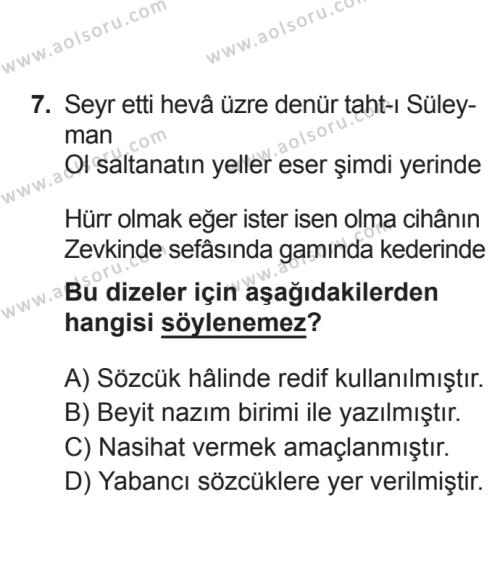 Seçmeli Türk Edebiyatı 5 Dersi 2017-2018 Yılı 3. Dönem Sınavı 7. Soru