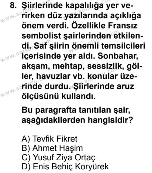 Seçmeli Türk Edebiyatı 6 Dersi 2011-2012 Yılı 2. Dönem Sınavı 8. Soru