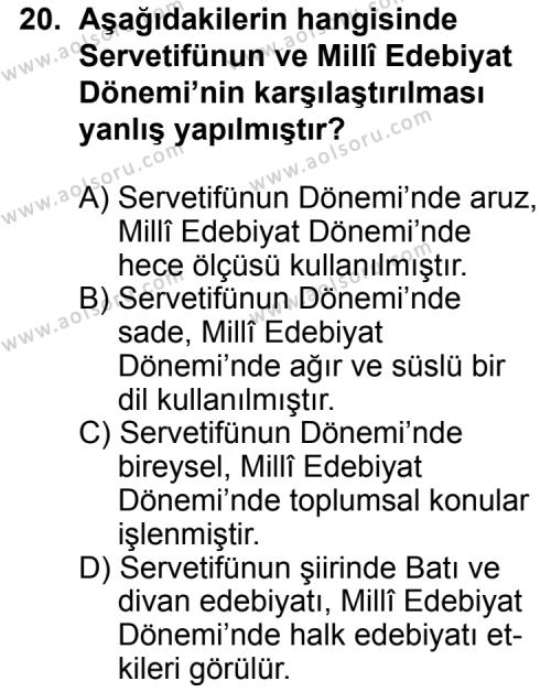 Seçmeli Türk Edebiyatı 6 Dersi 2015-2016 Yılı 2. Dönem Sınavı 20. Soru