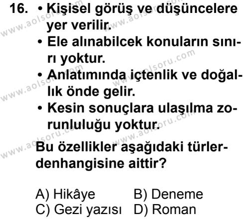 Seçmeli Türk Edebiyatı 7 Dersi 2012-2013 Yılı 1. Dönem Sınavı 16. Soru