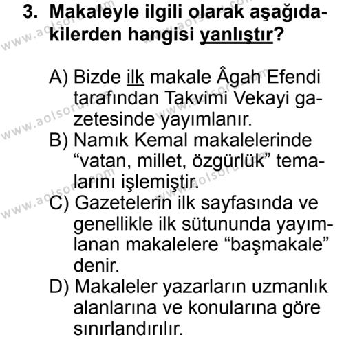 Seçmeli Türk Edebiyatı 7 Dersi 2013-2014 Yılı 3. Dönem Sınavı 3. Soru