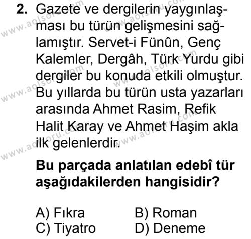 Seçmeli Türk Edebiyatı 7 Dersi 2014 - 2015 Yılı 3. Dönem Sınav Soruları 2. Soru