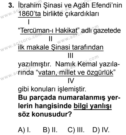 Seçmeli Türk Edebiyatı 7 Dersi 2015-2016 Yılı 3. Dönem Sınavı 3. Soru