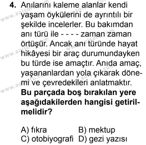 Seçmeli Türk Edebiyatı 7 Dersi 2015 - 2016 Yılı 3. Dönem Sınav Soruları 4. Soru