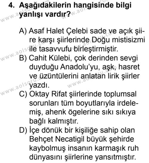 Seçmeli Türk Edebiyatı 7 Dersi 2016 - 2017 Yılı 1. Dönem Sınav Soruları 4. Soru