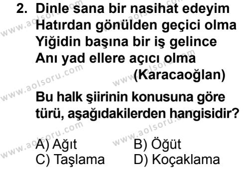 Seçmeli Türk Edebiyatı 8 Dersi 2013 - 2014 Yılı 1. Dönem Sınav Soruları 2. Soru
