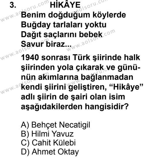 Seçmeli Türk Edebiyatı 8 Dersi 2013 - 2014 Yılı 3. Dönem Sınav Soruları 3. Soru