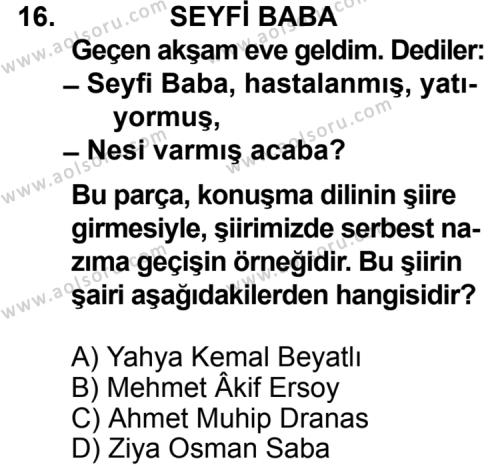 Seçmeli Türk Edebiyatı 8 Dersi 2013-2014 Yılı 3. Dönem Sınavı 16. Soru