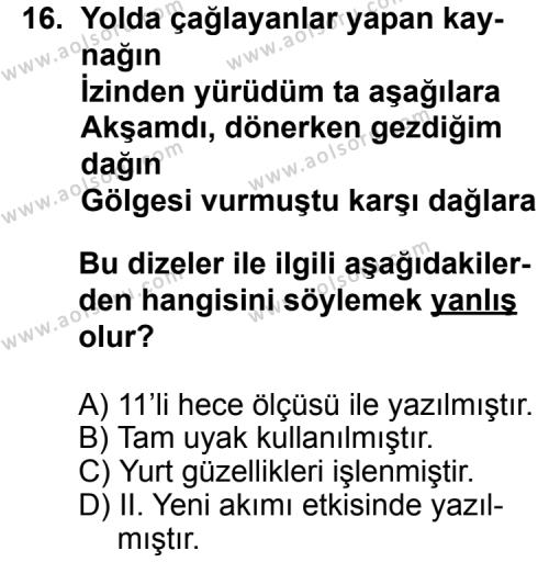 Seçmeli Türk Edebiyatı 8 Dersi 2014-2015 Yılı 1. Dönem Sınavı 16. Soru