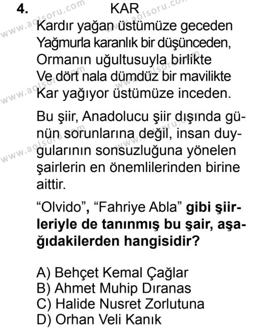 Seçmeli Türk Edebiyatı 8 Dersi 2014 - 2015 Yılı 3. Dönem Sınav Soruları 4. Soru