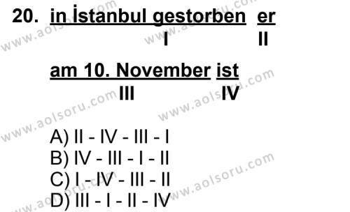 Seçmeli Yabancı Dil Almanca 5 Dersi 2011-2012 Yılı 1. Dönem Sınavı 20. Soru