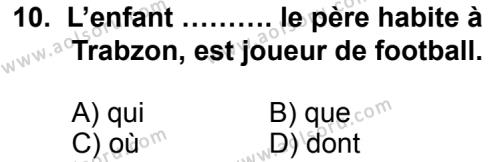 Seçmeli Yabancı Dil Fransızca 5 Dersi 2014-2015 Yılı 1. Dönem Sınavı 10. Soru