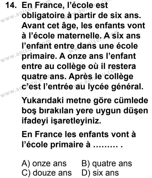 Seçmeli Yabancı Dil Fransızca 6 Dersi 2011-2012 Yılı 3. Dönem Sınavı 14. Soru