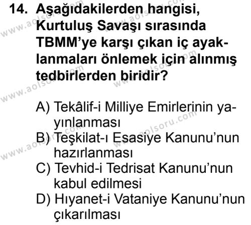 T.C. İnklap Tarihi ve Atatürkçülük 1 Dersi 2011-2012 Yılı 3. Dönem Sınavı 14. Soru
