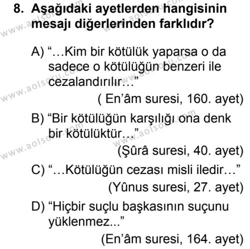 Temel Dini Bilgiler 2 Dersi 2019-2020 Yılı 1. Dönem Sınavı 8. Soru