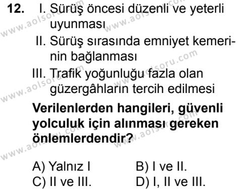 Trafik ve İlk Yardım 1 Dersi 2016-2017 Yılı 1. Dönem Sınavı 12. Soru