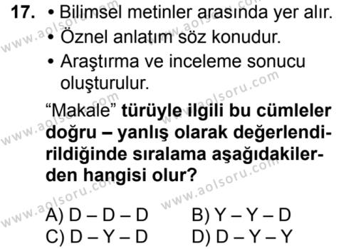 Türk Dili ve Edebiyatı 1 Dersi 2016-2017 Yılı 1. Dönem Sınavı 17. Soru