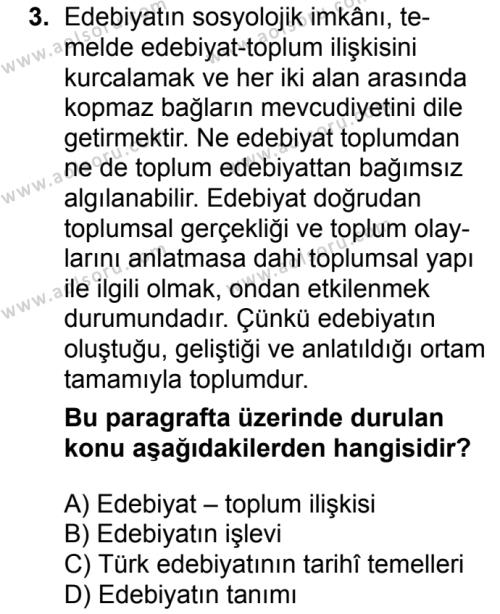Türk Dili ve Edebiyatı 1 Dersi 2017-2018 Yılı 1. Dönem Sınavı 3. Soru