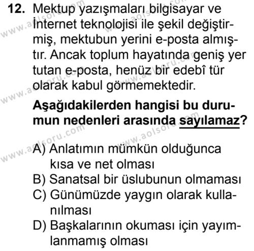 Türk Dili ve Edebiyatı 2 Dersi 2016-2017 Yılı 3. Dönem Sınavı 12. Soru