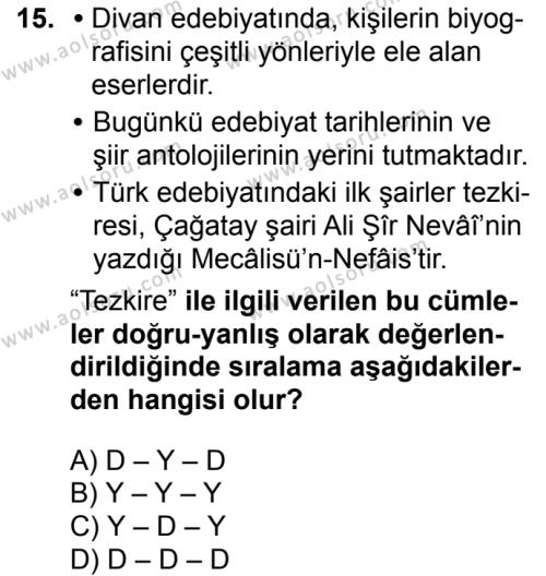 Türk Dili ve Edebiyatı 2 Dersi 2017-2018 Yılı 1. Dönem Sınavı 15. Soru